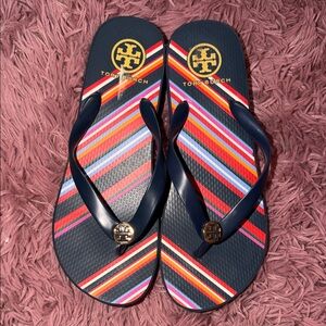 Tory Burch Navy Flip Flops with Multicolor Stripe Footbed